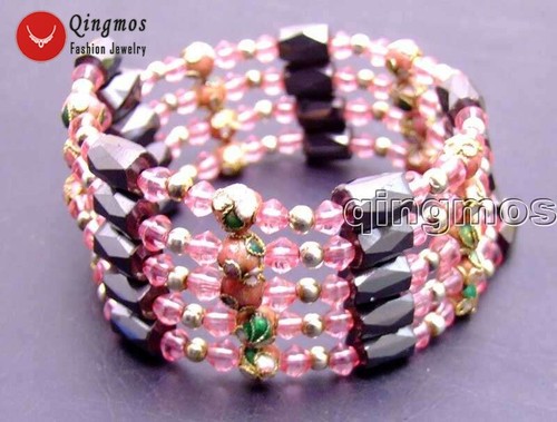 6mm Round Pink Cloisonne Black Magnetic Beads Bracelet Women 30" Long Necklace - Picture 3 of 4