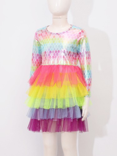 Mermaid Costume Kids Girls Metallic Dress Long Sleeve Fish Scale Print  - Picture 32 of 48