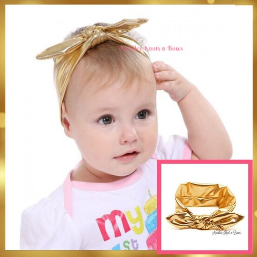 Baby Girls Metallic Gold Top Knot Headband, Bunny Ear Headband - Picture 1 of 7