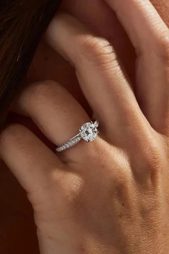 3.00CT Round Cut Lab Grown Diamond With Accent Wedding Ring Real 14k White Gold - Bild 2 von 9