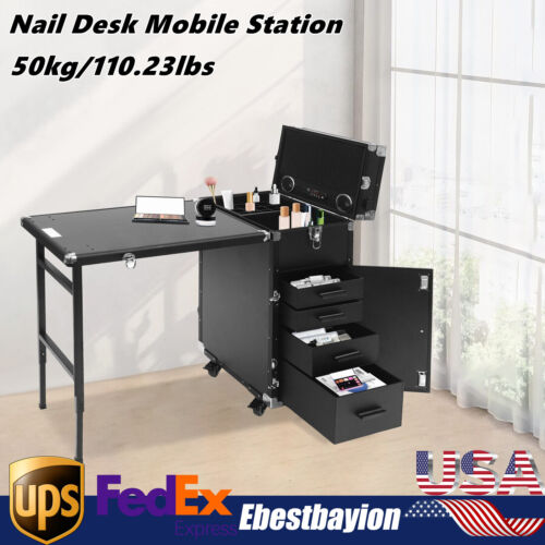 Nail Desk Mobile Station Rolling Makeup Train Case Manicure Table with Speaker