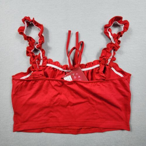 Frill Trim Strap Tie Knot Ruched Front Bustier Crop Top Womens Size Medium Red - Picture 2 of 6