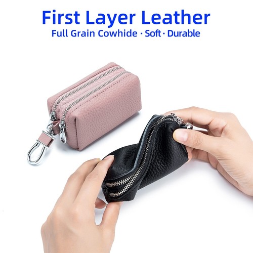 Echt Leder Auto Schlüsseletui Geldbörse Unisex Doppelreißverschluss Schlüsselanhänger Münzbörse Tasche - Bild 3 von 28