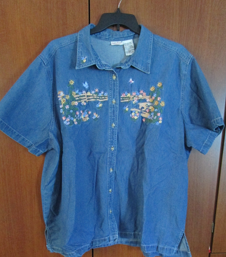 Bobbie Brooks Denim Jeans Blumen Hemd Gr 26 28 100% Baumwolle Brustumfang 61 Länge 31 Zoll