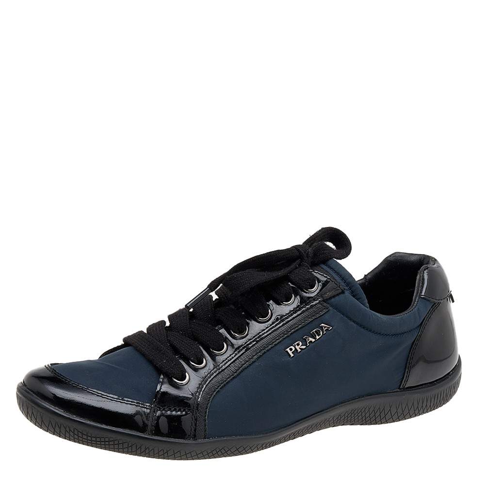 Prada Sport Black/Navy Blue Patent Leather And Nylon Low Top