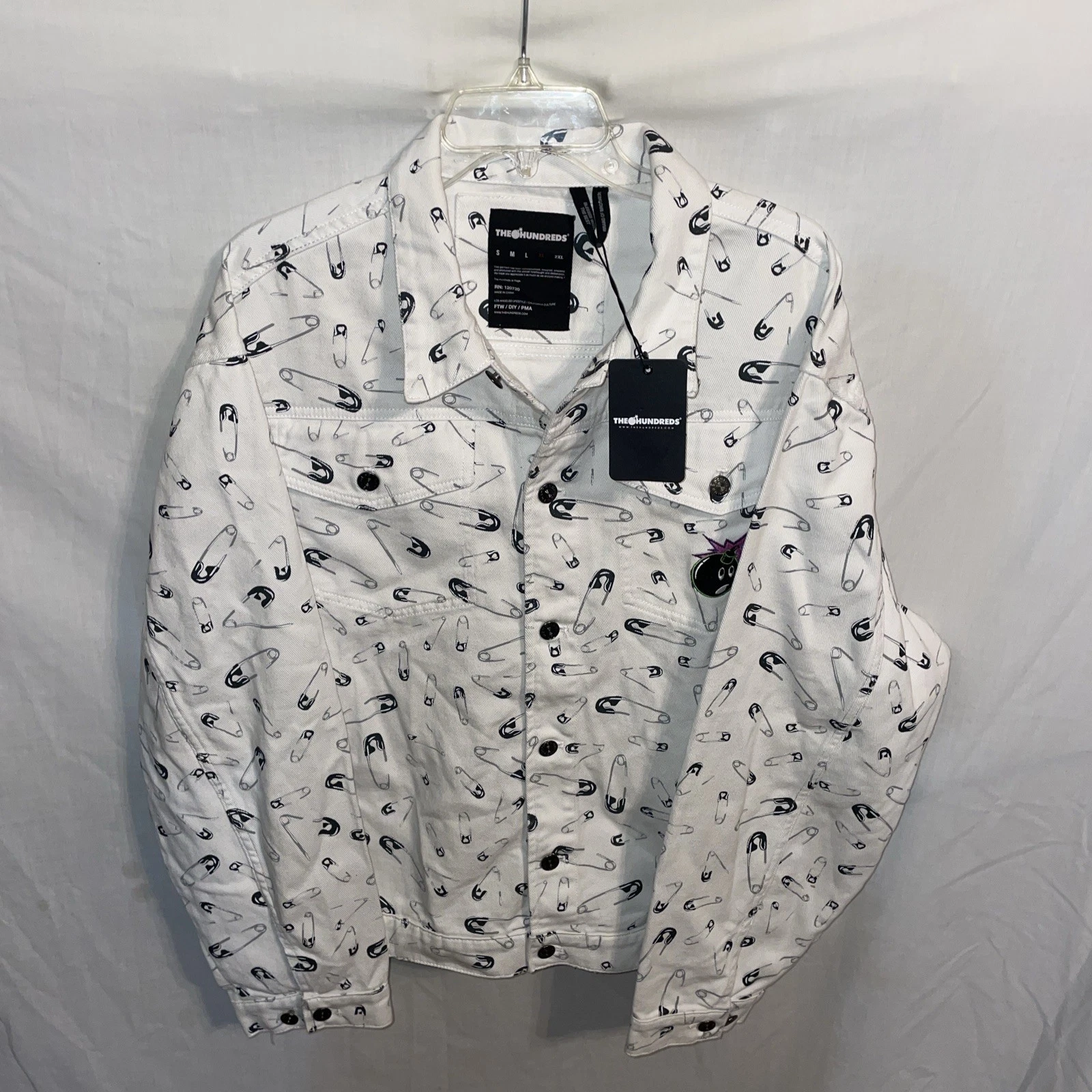 The Hundreds Denim Shacket Mens Size XL White Safety Pin Motif Streetwear NWT