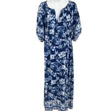 LOFT Maxi Dress Womens Sz L Blue Palm Tree Resort Vacation Travel Coastal Boho