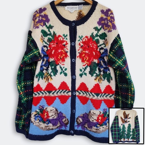 Vtg The Eagle's Eye Women's 1991 Wool Hand Knit Cardigan Grandma Sweater Large L