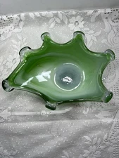 Vintage Murano Style Green & White Cased Glass Ashtray Catchall Crown Rim