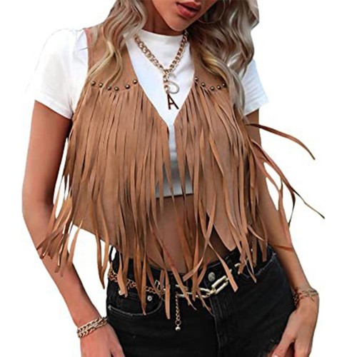 Women s Tassels Sleeveless Vest 70s Hippie Faux Suedes Fringe Jackets Cardigan - Picture 18 of 23