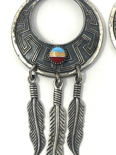 Vintage Navajo WM Wheeler Earrings Feather  Signed Sterling Silver  Dangle - Picture 6 of 7