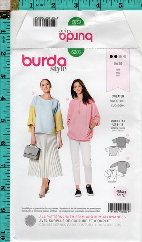 Misses' Sweater Burda style Sewing Craft Pattern 6203 8-18 NEW UNCUT FREE SHIP! - Picture 1 of 3