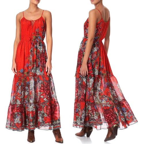 Camilla 100 % Seide Stufen Maxi Sommerkleid mit Front Bindedetail Wondering Waratah M - Bild 2 von 5