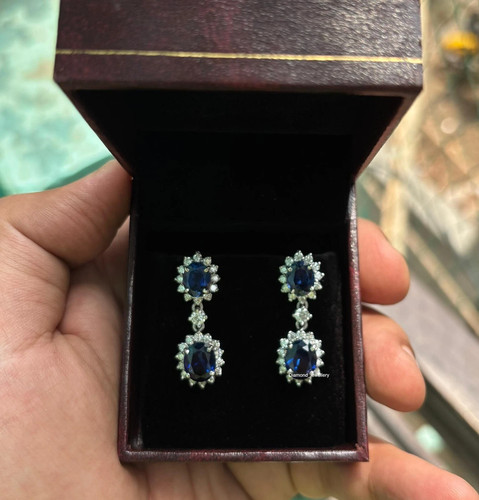 Pendiente de diamantes y zafiro azul natural certificado platino 950 corte ovalado de 4,70 quilates - Imagen 5 de 9