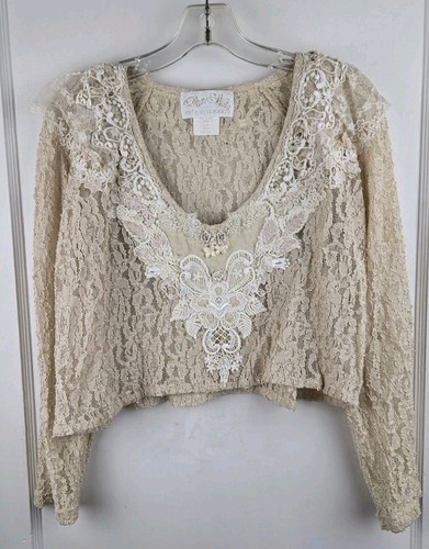 Vintage Phun Shirts of California Embellished Lace Beige Cardigan Crop 80s MED - Picture 2 of 11