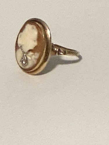 Vintage Shell Cameo , 10 Kt Gold Ring, Habille With Diamond Chip - Bild 5 von 9