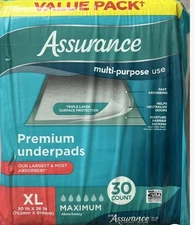 (1 Pack) XL 30 Ct Assurance Unisex Premium Quilted Underpad, Maximum Absorbency