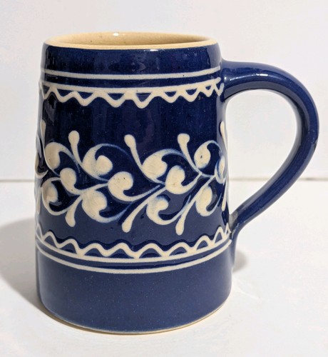 5" Bürgel Keramik Keramik blau Becher - weiß Engobe - Thüringen handbemalt sehr guter Zustand - Bild 10 von 10