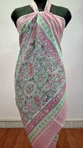 Green Pink Sarong Pareo for Women Floral Beach Wrap Dress Bikini Cover Up Indian - Picture 2 of 7
