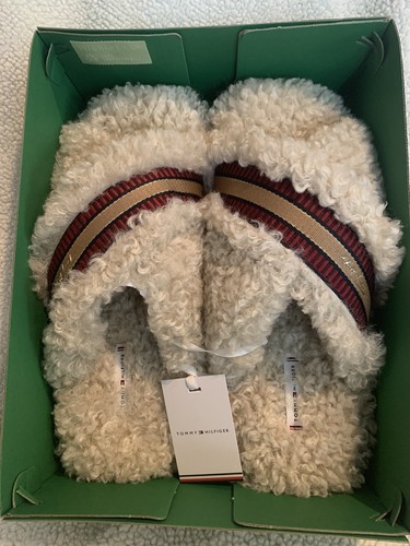 NEU Neu im Karton Neu mit Etikett Tommy Hilfiger Criss Cross Faux-Sherpa Slipper Damen Orig $ 70