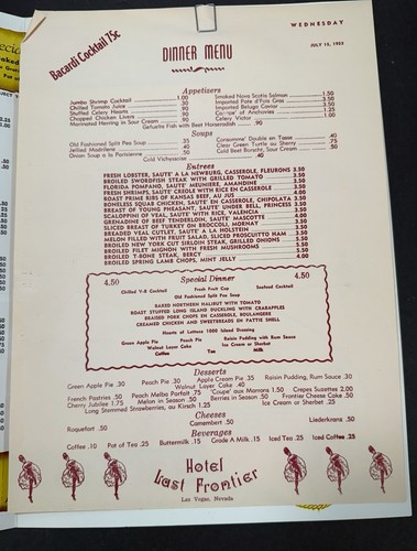 Vtg. The Last Frontier Hotel Casino RESTAURANT MENU Las Vegas 1953 Dinner Menu - Picture 7 of 13
