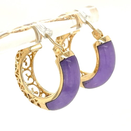 14k Yellow Gold 3/4" High Purple Jade Hoop Earrings, Filigreed Backs, 4.2 Grams - Picture 5 of 15