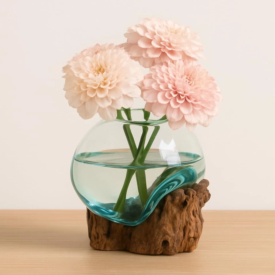 Terrario de vidrio burbuja azul soplado a mano de 7" sobre soporte de madera a la deriva de teca maceta interior Foto 4 de 4