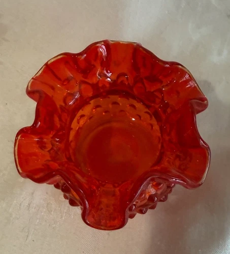 VTG Fenton Orange Amberina Hobnail Crimped Ruffle Glass Bowl