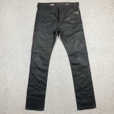 REPLAY Jeans Mens 29x34 Black WAXED Tunky Straight Leg Loose Fit Moto Biker EUC