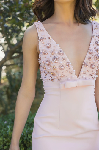 NWT MAC DUGGAL Pink Crepe Sleeveless Beaded V Neck Gown w/ Bow sz 8 Retail $458 - Picture 8 of 8
