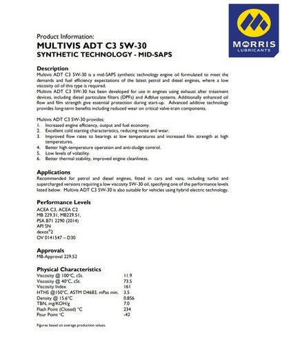 Morris Lubricants Multivis ADT C3 5W-30 Automotive Engine Oils - 5L - Picture 2 of 6