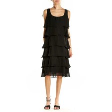 Patra Tiered Chiffon Cocktail Dress Women 12 Black Beaded Trim LBD Party Retro