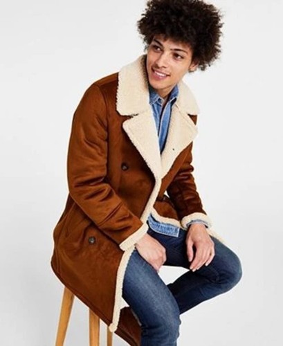 GUESS Mens Double Breasted Faux Shearling Overcoat Brown Small - Picture 6 of 9
