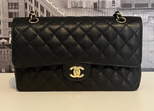 CHANEL Black Caviar Medium Classic Double Flap Bag 24-Karat Gold Plated Hardware
