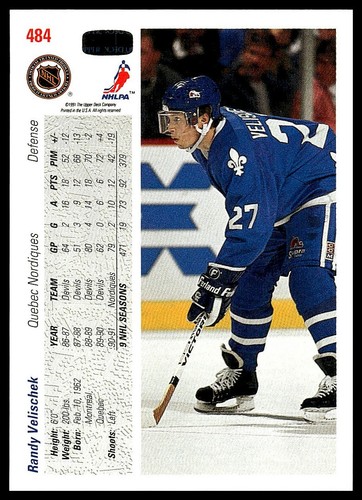 Randy Velischek 1991-92 cubierta superior #484 - Imagen 2 de 2