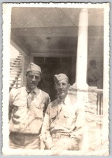 Vtg B&W Snapshot Two US WWII Soldiers Military Uniform Garrison Caps Porch 1940s