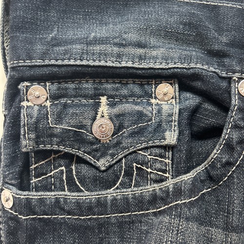 Pantalones de mezclilla para hombre True Religion con solapa recta bolsillo 40 X 32 rasgaduras de guarida de dragón - Imagen 4 de 15