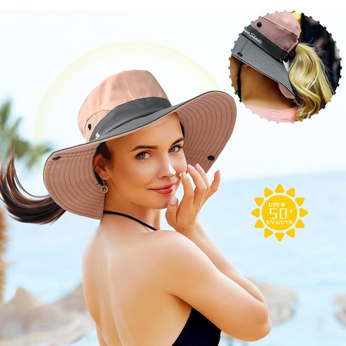 Damen UV-Schutz Sonnenhut - breite Krempe Bucket Style mit Pferdeschwanzloch (UPF 50+) - Bild 2 von 29