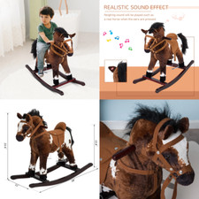 Ride On Horse Kids 3 yrs up Plush Wood Rocking Toy Pony with Sounds, Brown/Whit