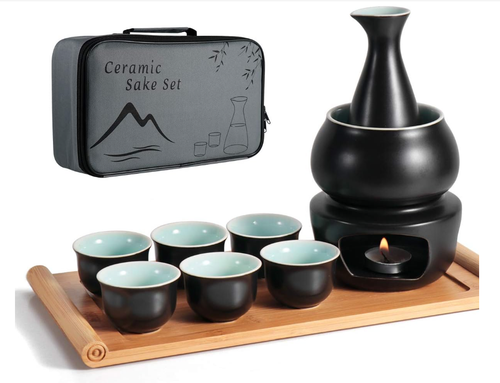 Ceramic Sake Set with Warmer Pot Tray–10pcs Set, Sake Bottle 6 Cups, Storage Box