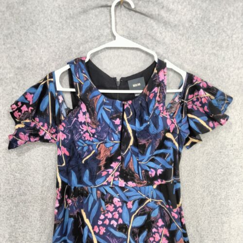 Anthropologie Maeve Elia Dress Womens Sz 6 Black Blue Floral Cold Shoulder Midi - Picture 2 of 13