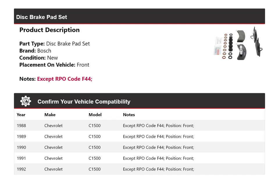 Pastillas de freno delanteras semimetálicas QuietCast Bosch 1988-1992 Chevrolet C1500 Foto 2 de 4