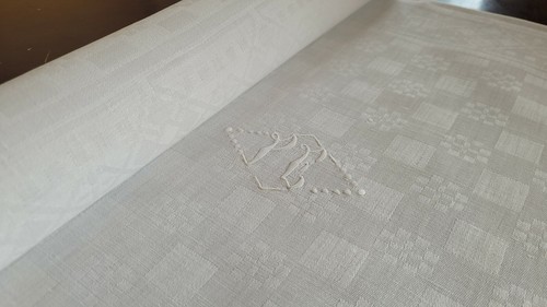 9 ANTIQUE Large French DAMASK Linen Napkins hand monogram PE - Picture 10 of 11
