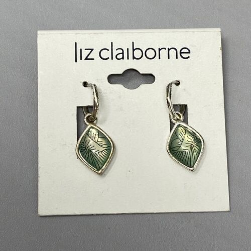 Liz Claiborne Earrings Dangle Drop Silver Green Textured Pierced Signed Designer - Picture 1 of 13