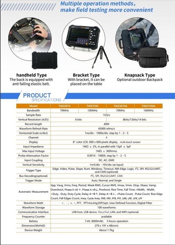 TAO3000 series 4CH 8/14bit tablet Oscilloscope 70/100MH 1GS/s 40M 8" Touch - Picture 10 of 11