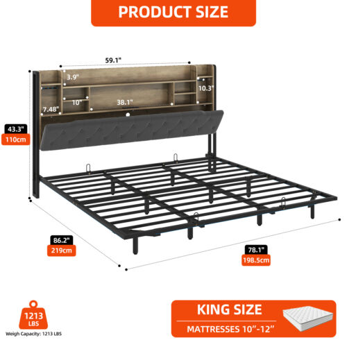 86"x78" King Size Floating Bed Frame Upholstered w/ Headboard Storage LED Lights - Picture 2 of 11