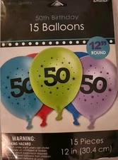 Fifty "50" Printed 12in Balloons 15ct Round Assorted Colors Birthday Anniversary