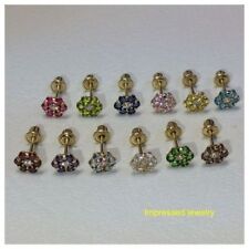 14K Yellow Real Gold Birthstone Flower Stud Earrings Baby Children Screw Back