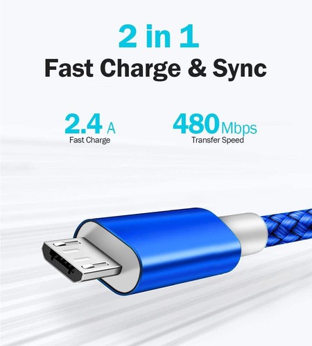 2-Pack 10ft Braided Nylon Micro USB Charging Cable Fast Charger Cord Blue - Picture 5 of 5