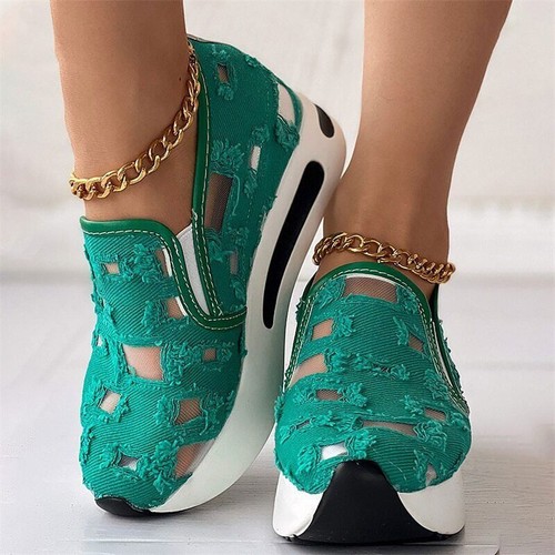 Platform Wedges Sneakers Floral Embroidery Mesh Sneakers Slip On Heeled Shoes - Picture 23 of 41
